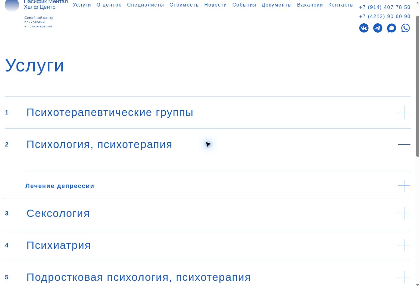 Раздел услуг с раскрытым направлением психологии и психотерапии